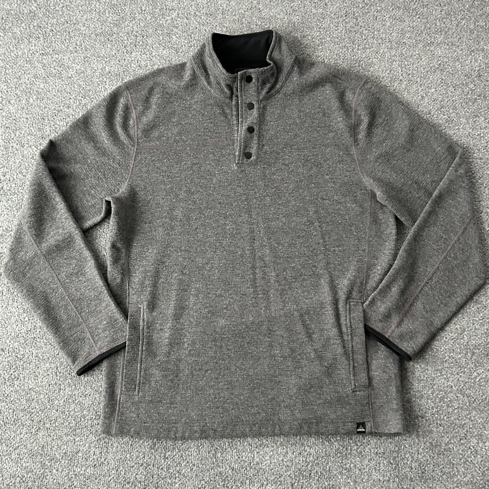 PrAna Sweater Mens XL Gray Snap Mock‎ Neck Fleece Lined Pockets Knit Pullover